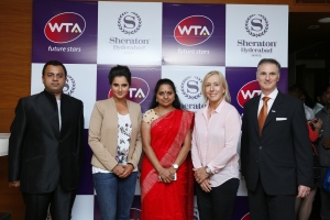L to R- Punit Sheth (General Manager, Sheraton Hyderabad Hotel), Sania Mirza (Wimbledon Doubles champion, 2015), Kalvakuntla Kavitha (Member of Parliament), Martina Navratilova (Tennis champion) at the launch of the property